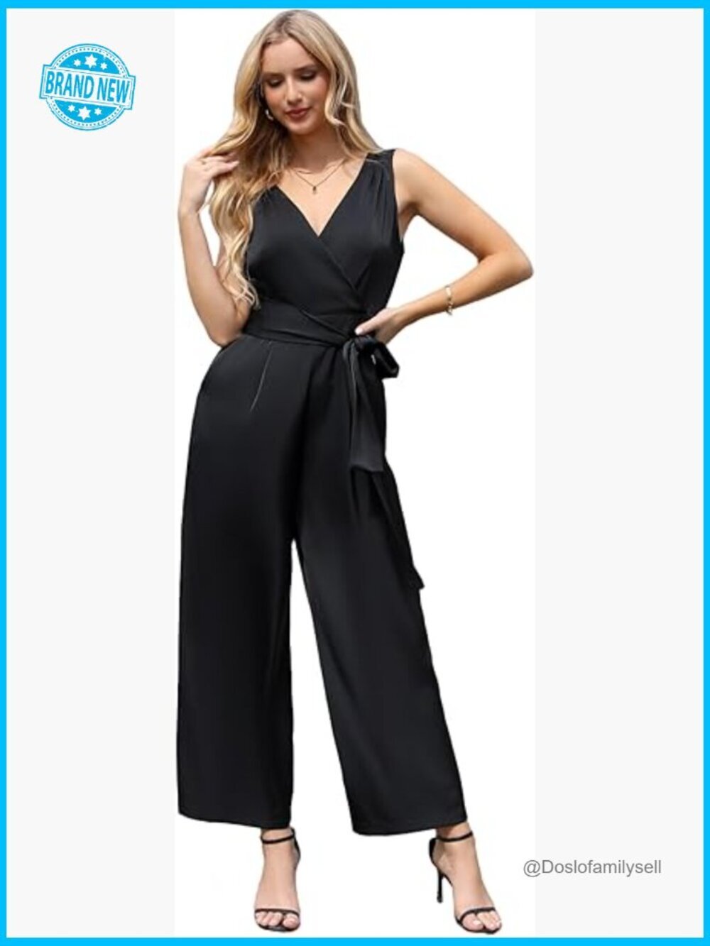 Wide Leg Jumpsuit with Belt Pockets Sleeveless V-Neck Elegant Formal Romper